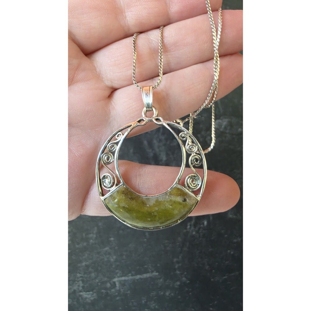 925 Sterling Silver Green Pendant Necklace Vintage READ Description